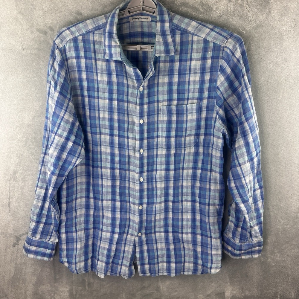 Tommy Bahama Linen Shirt Mens Large Blue Plaid Long Sleeve Button Front